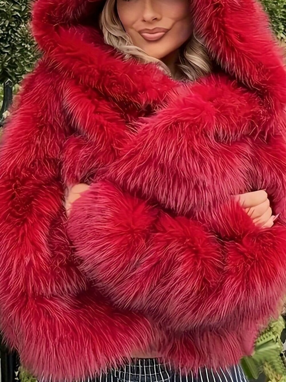 Red Elegant Women's Hooded Faux Fur Coat - Picture 2 of 4